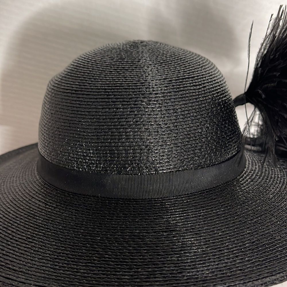 Vintage 60s Black Straw Hat with Feather Plume - Picture 7 of 15